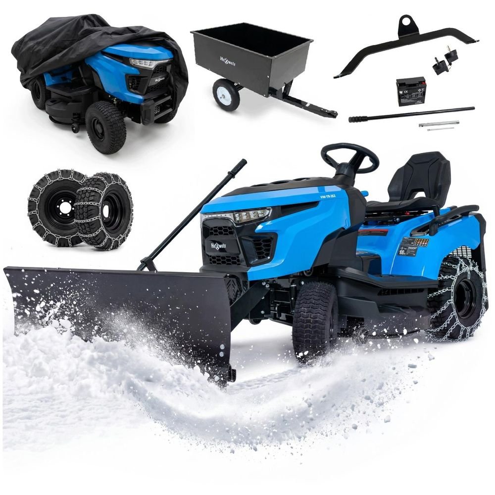 Tracteur tondeuse - HEXWELT - coupe 97 cm 452 cm³ hydrostatique bac 250 L - HW-TR-452 - avec lame à neige remorque et chaînes