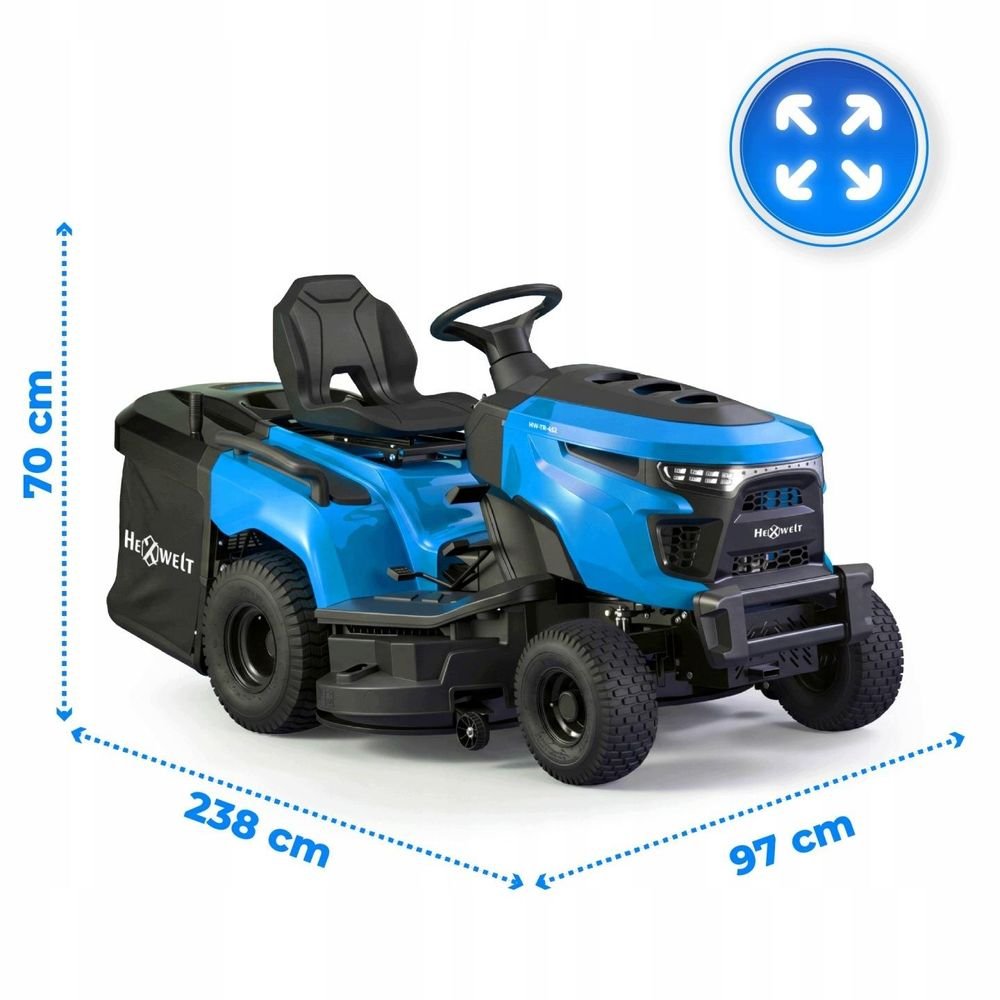 Tracteur tondeuse - HEXWELT - coupe 97 cm 452 cm³ hydrostatique bac 250 L - HW-TR-452 - avec lame à neige remorque et chaînes