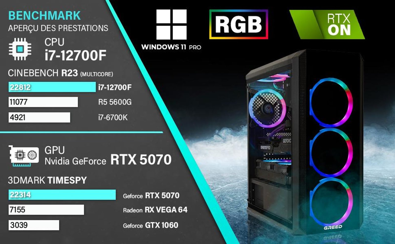 Greed® MK2 Pro - PC Gamer - Intel i7 12700F - NVIDIA RTX 5070 - Ordinateur avec 4,9 GHz - 32 Go DDR4 - SSD 2 To - Watercool - Wi-Fi - Win11 Pro