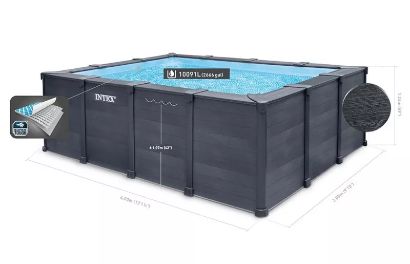 Piscine tubulaire rectangulaire Intex Graphite 4 x 3 x 1,24 m dimensions