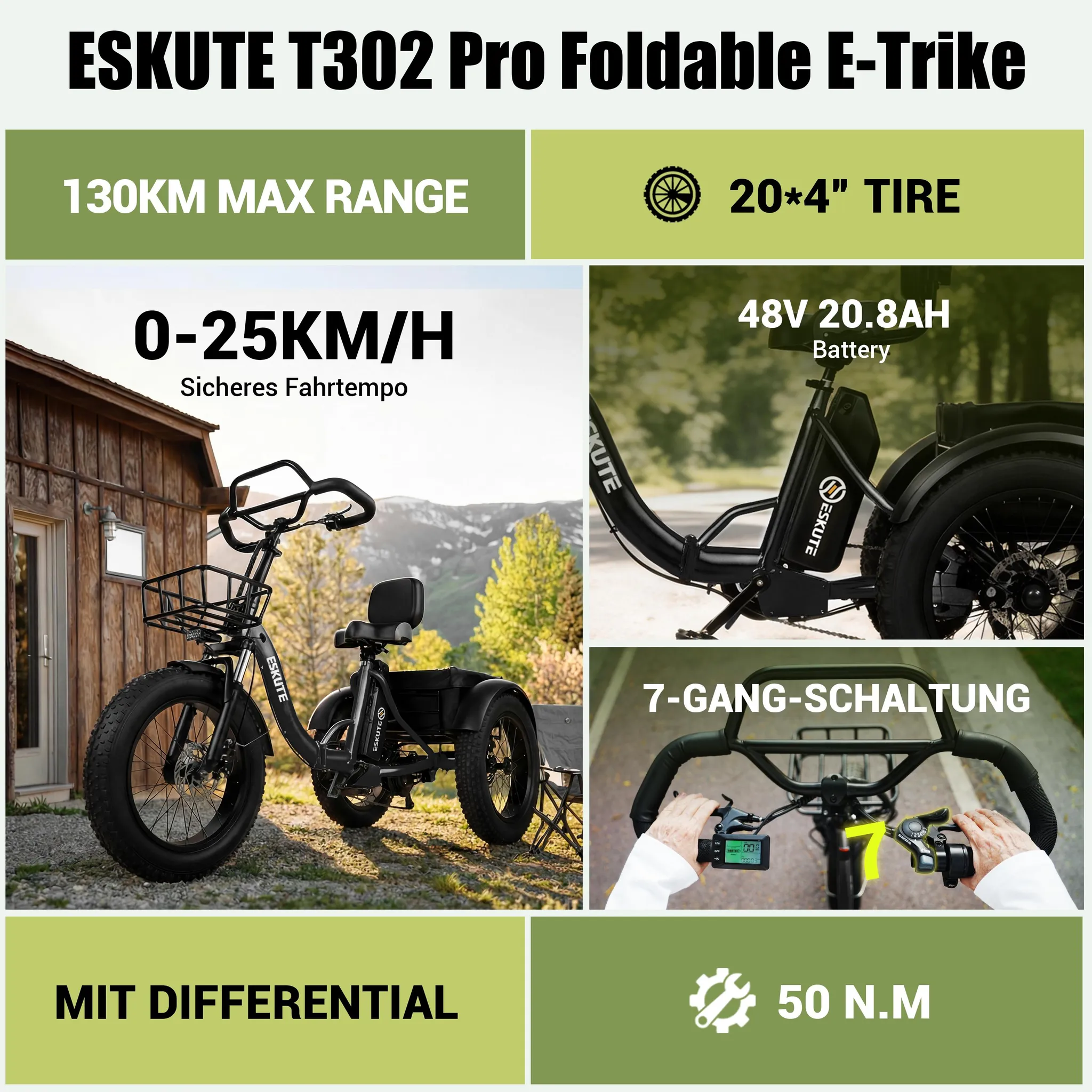 ESKUTE T302 Pro Falt-E-Bike 250 W, 20,8 Ah, Scheibenbremsen, Weiß – Bild 3