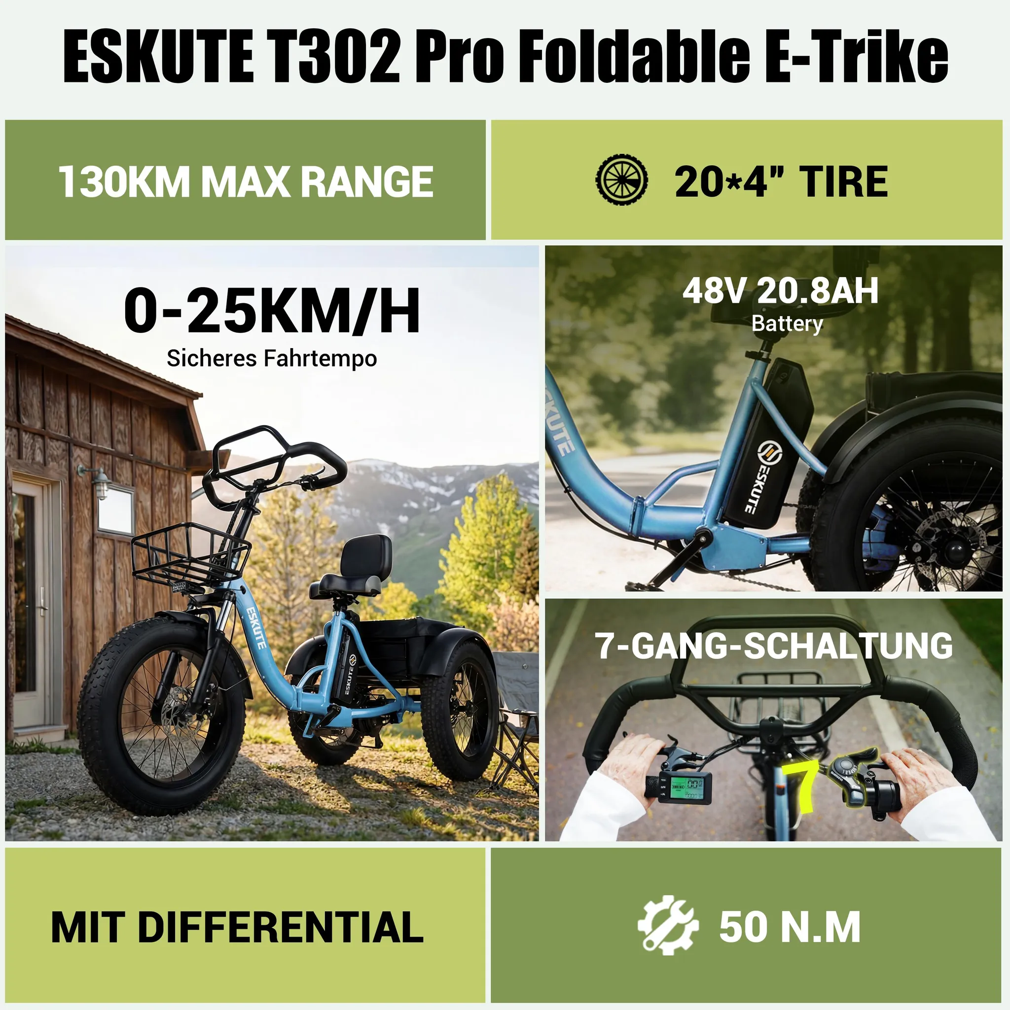 ESKUTE T302 Pro Falt-E-Bike 250 W, 48 V 20,8 Ah, 20 Zoll, Blau – Bild 3