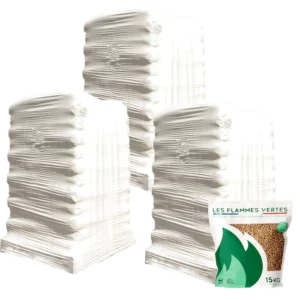Holzpellets Flammes Vertes – 3 Paletten – 195 Säcke – 2925 kg