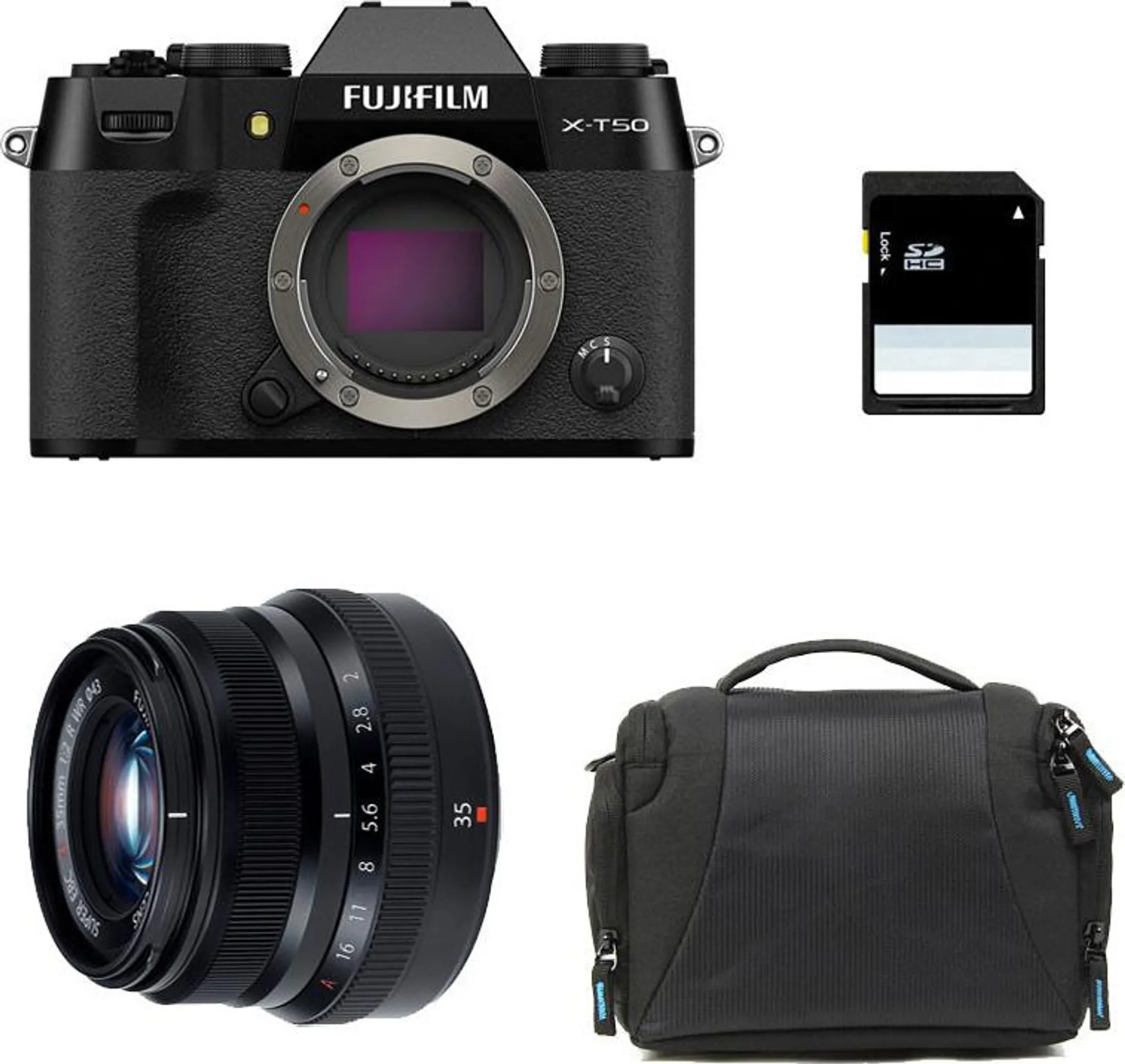 FUJIFILM X-T50 SCHWARZ + 35 mm f/2 WR + Tasche + SD-Karte 8 GB